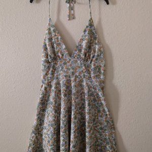 Vintage Green, Blue & Brown Floral Halter Dress-Size XL